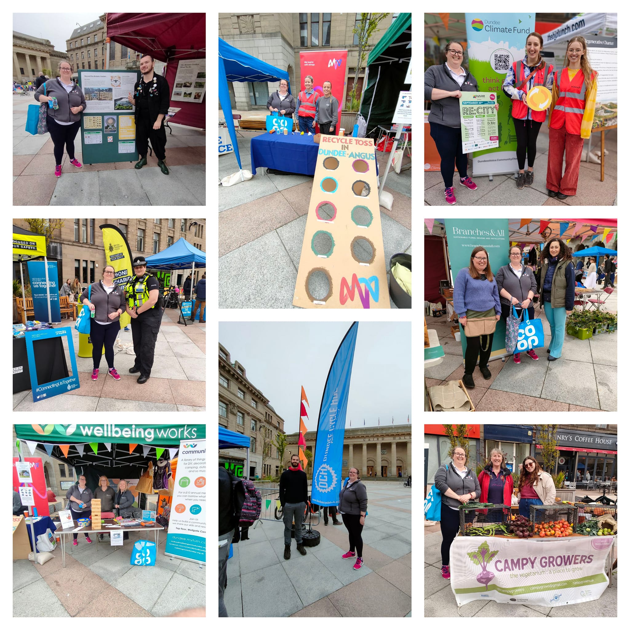 Collection of images showing an outdoor community event with gazebos and people