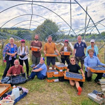 Group of people holding punnets of fruit